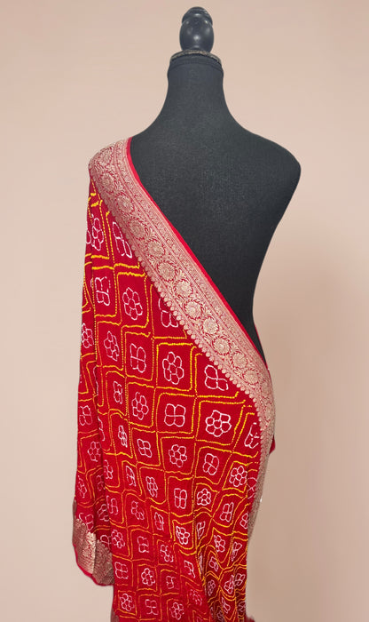 Red Pure Georgette Bandhani Banarasi Handloom Dupatta