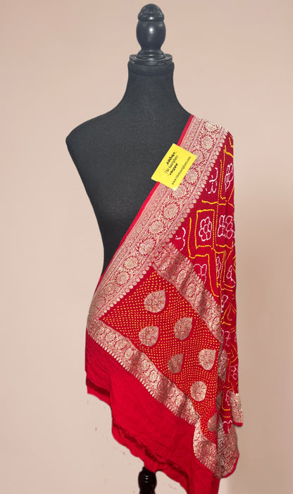 Red Pure Georgette Bandhani Banarasi Handloom Dupatta