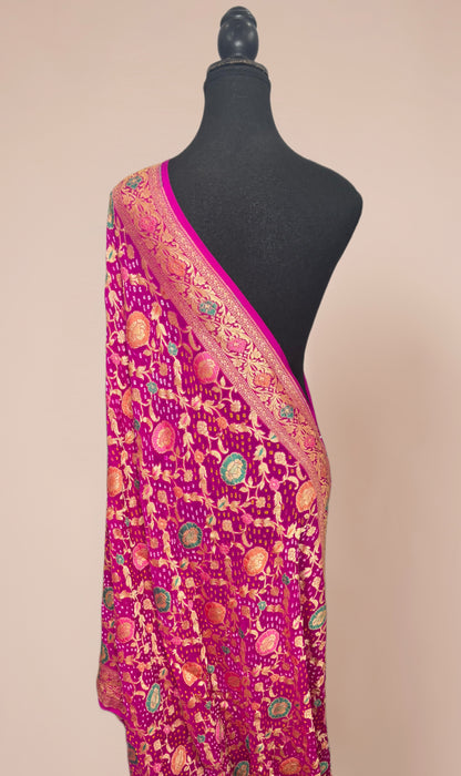 Red Pure Bandhani Banarasi Handloom Dupatta - Meenakari