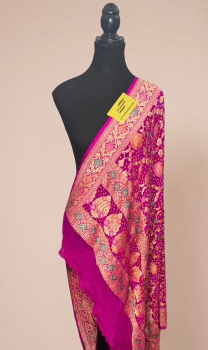 Red Pure Bandhani Banarasi Handloom Dupatta - Meenakari