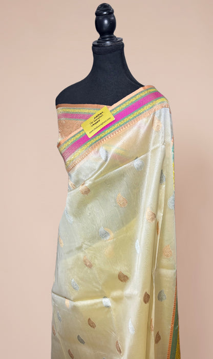Cream Pure Kora Banarasi Handloom Saree - Sona Roopa Work