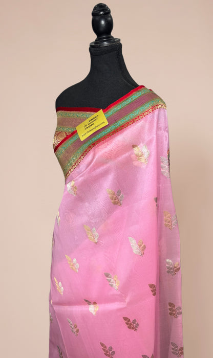 Baby Pink Pure Kora Banarasi Handloom Saree - Sona Roopa Work