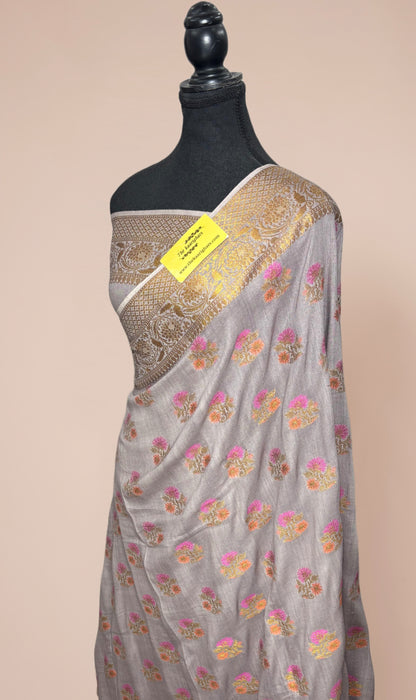Gray Pure Moonga Banarasi Handloom Saree