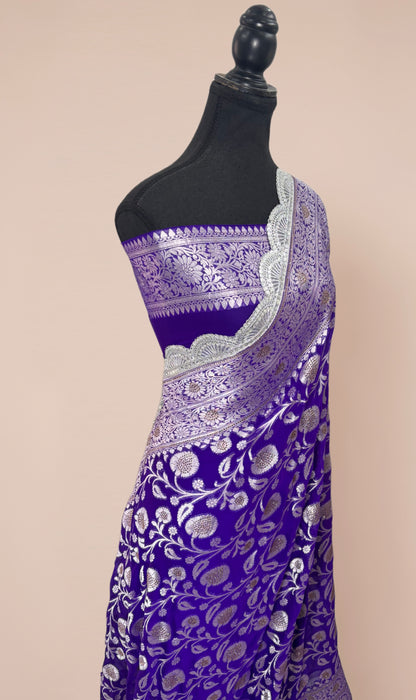 Purple Pure Khaddi Georgette Banarasi Handloom Saree - Designer Border with Sorovski Work