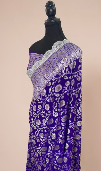 Purple Pure Khaddi Georgette Banarasi Handloom Saree - Designer Border with Sorovski Work