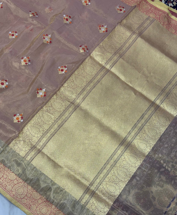 Ektara Tissue Katan Silk Banarasi Handloom Saree - Kadhiyal Motifs