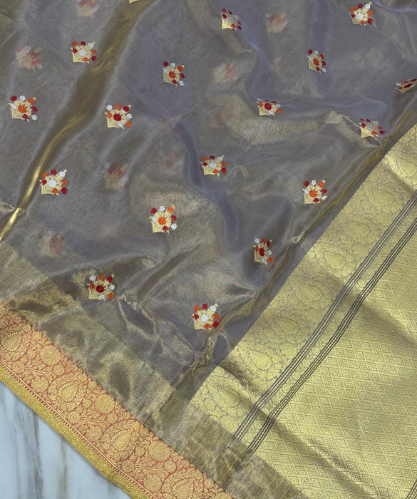 Ektara Tissue Katan Silk Banarasi Handloom Saree - Kadhiyal Motifs