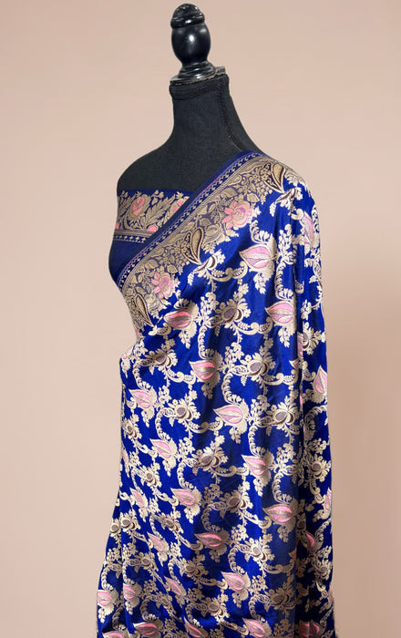 German Blue Pure Katan Banarasi Handloom Saree - Sona Meenakari Jaal Work