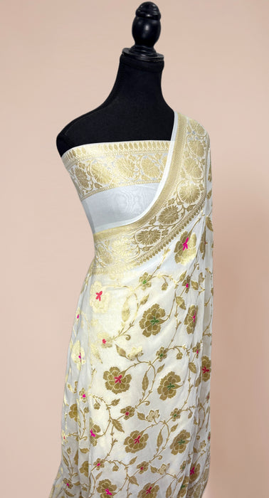 White Khaddi Georgette Banarasi Handloom Saree - Meenakari