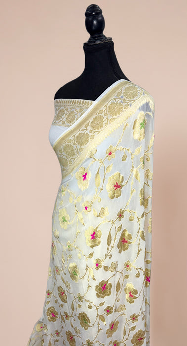 White Khaddi Georgette Banarasi Handloom Saree - Meenakari
