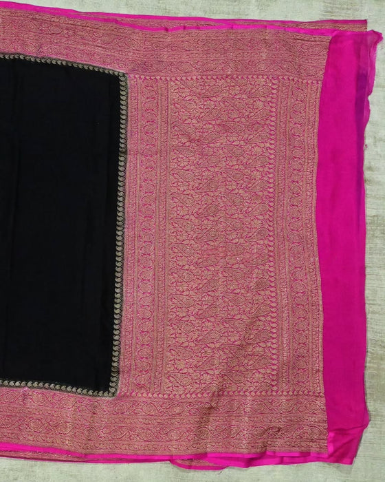 Rani and Black Khaddi Georgette Banarasi Handloom Saree - Antique Zari