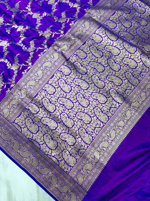 Dual shade Purple Pure Katan Banarasi Handloom Saree - Sona Jaal Work