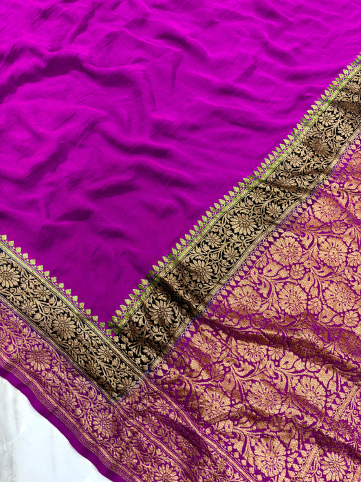Purple Khaddi Georgette Banarasi Handloom Saree - Antique Zari