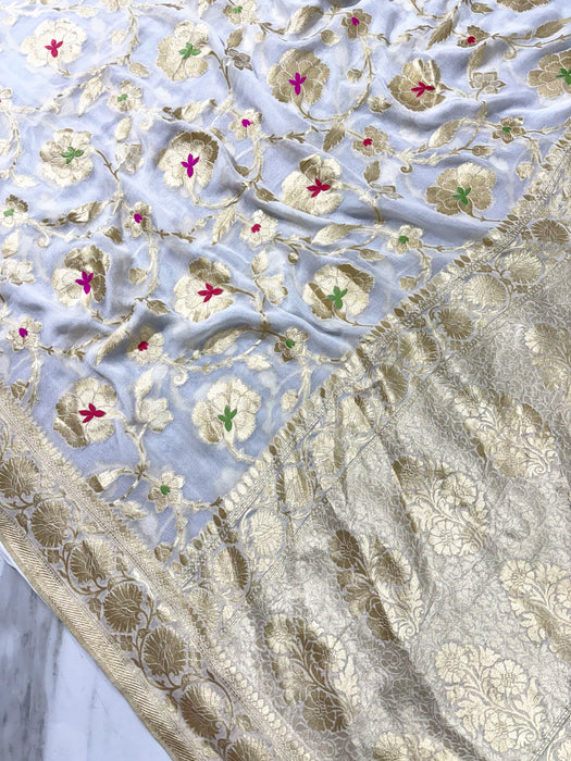 White Khaddi Georgette Banarasi Handloom Saree - Meenakari