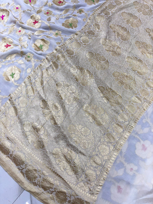White Khaddi Georgette Banarasi Handloom Saree - Meenakari