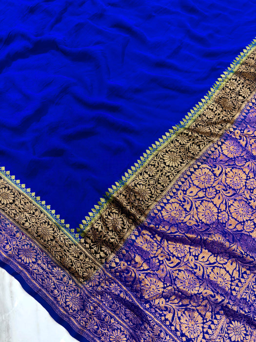 Royal Blue Khaddi Georgette Banarasi Handloom Saree - Antique Zari