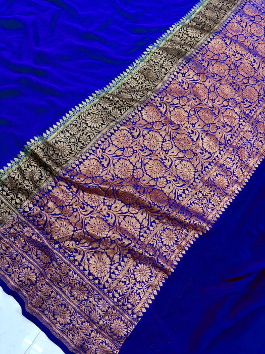 Royal Blue Khaddi Georgette Banarasi Handloom Saree - Antique Zari