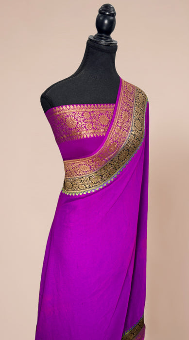 Purple Khaddi Georgette Banarasi Handloom Saree - Antique Zari