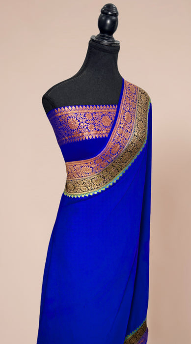 Royal Blue Khaddi Georgette Banarasi Handloom Saree - Antique Zari