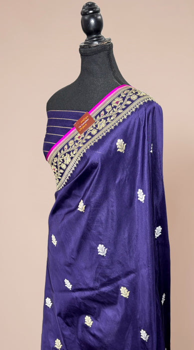 Navy Pure Katan Banarasi Handloom Saree - Kadhiyal Sona Roopa with Meenakari