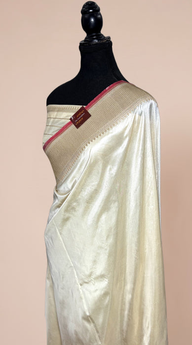 Cream Pure Katan Banarasi Handloom Saree - Kadhiyal Meenakari