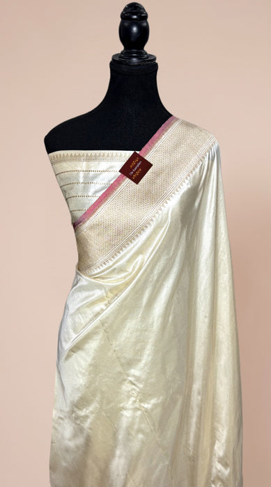 Cream Pure Katan Banarasi Handloom Saree - Kadhiyal Meenakari