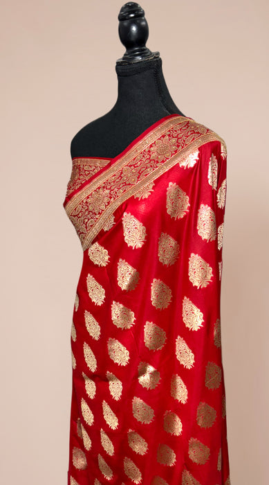 Red Pure Katan Banarasi Handloom Saree - With Sarowski and Zardozi Work