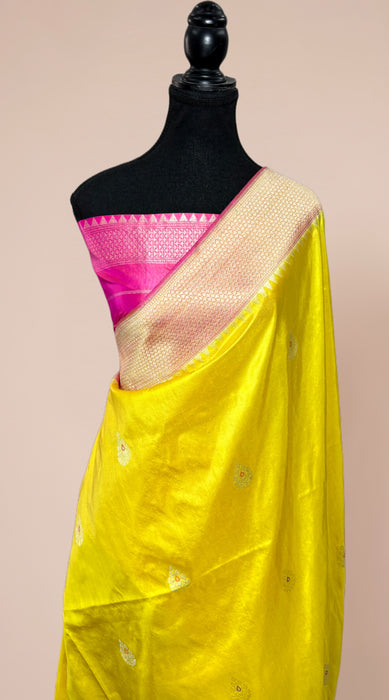 Yellow Pure Katan Banarasi Handloom Saree - Kadhiyal Sona Roopa with Meenakari