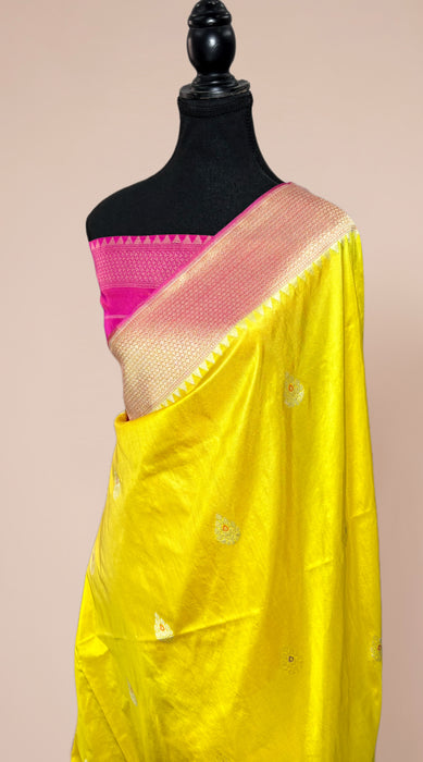 Yellow Pure Katan Banarasi Handloom Saree - Kadhiyal Sona Roopa with Meenakari