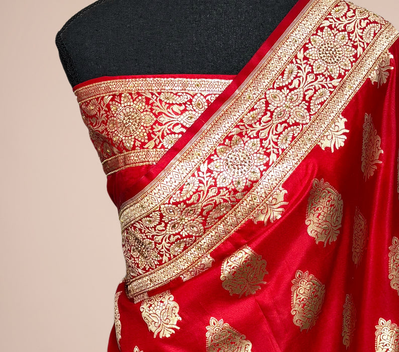 Red Pure Katan Banarasi Handloom Saree - With Sarowski and Zardozi Work