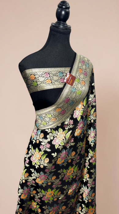 Black Khaddi Georgette Banarasi Handloom Saree - Handfilled Meenakari