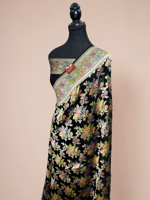 Black Khaddi Georgette Banarasi Handloom Saree - Handfilled Meenakari