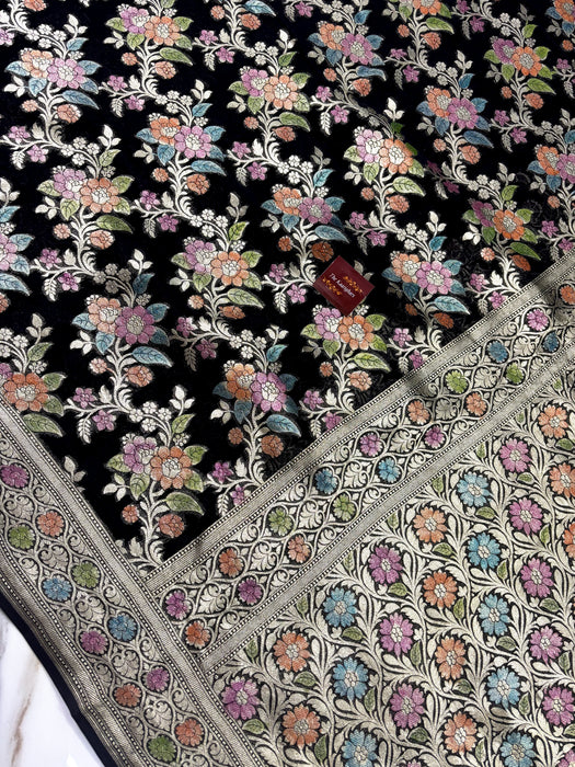 Black Khaddi Georgette Banarasi Handloom Saree - Handfilled Meenakari