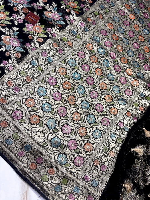 Black Khaddi Georgette Banarasi Handloom Saree - Handfilled Meenakari
