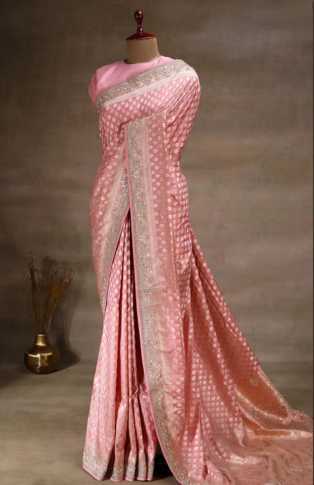 Pink Pure Katan Banarasi Handloom Saree - With Sarowski and Zardozi Work