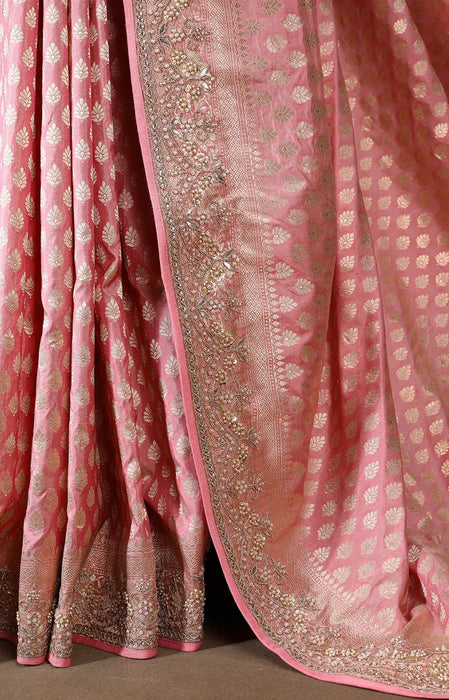 Pink Pure Katan Banarasi Handloom Saree - With Sarowski and Zardozi Work