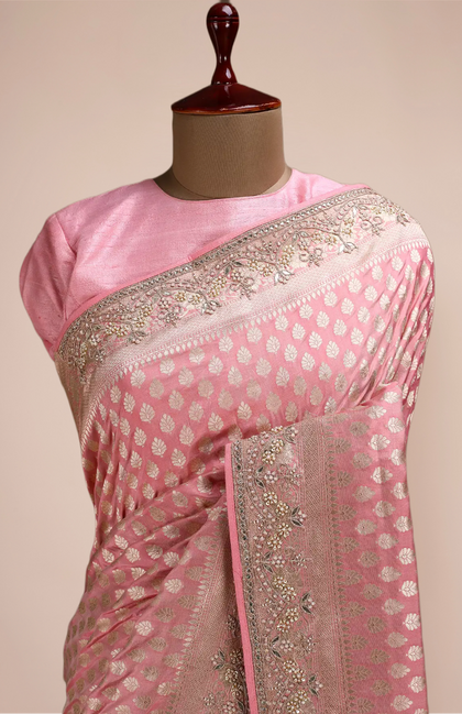 Pink Pure Katan Banarasi Handloom Saree - With Sarowski and Zardozi Work