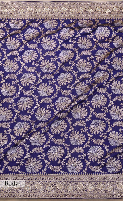 Navy Blue Pure Katan Banarasi Handloom Saree - With Sarowski and Zardozi Work