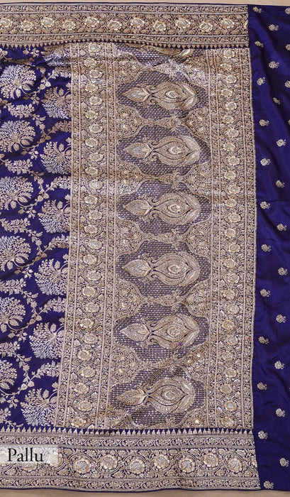 Navy Blue Pure Katan Banarasi Handloom Saree - With Sarowski and Zardozi Work