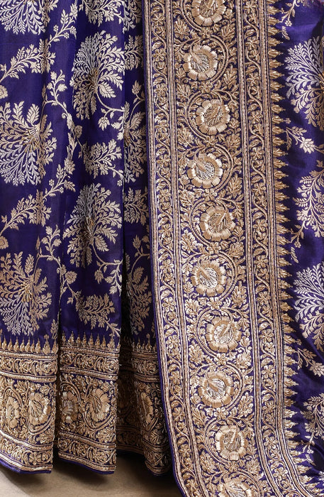 Navy Blue Pure Katan Banarasi Handloom Saree - With Sarowski and Zardozi Work