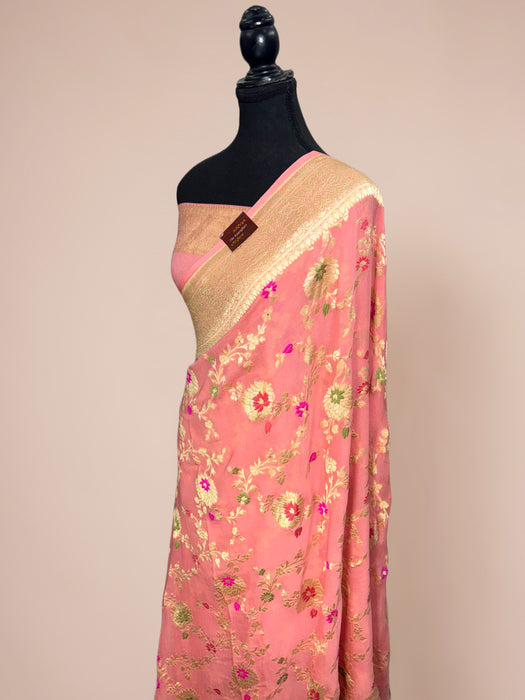 Baby Pink Khaddi Georgette Banarasi Handloom Saree - Meenakari