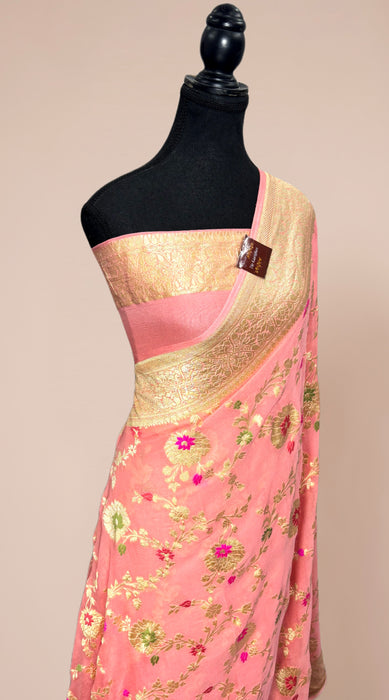 Baby Pink Khaddi Georgette Banarasi Handloom Saree - Meenakari