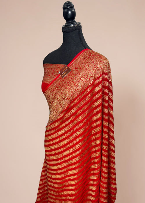 Red Khaddi Georgette Banarasi Handloom Saree - Antique Zari