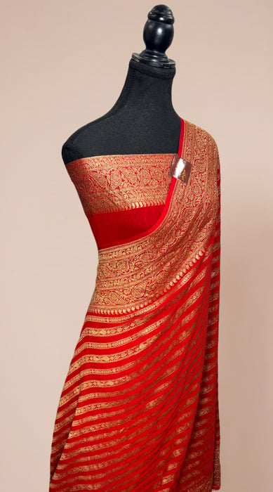 Red Khaddi Georgette Banarasi Handloom Saree - Antique Zari