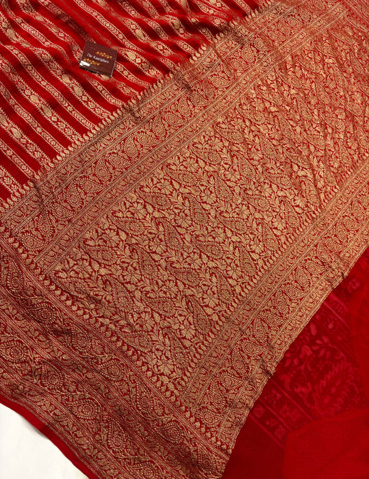 Red Khaddi Georgette Banarasi Handloom Saree - Antique Zari