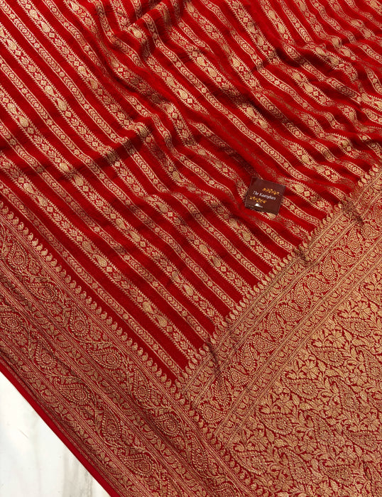 Red Khaddi Georgette Banarasi Handloom Saree - Antique Zari