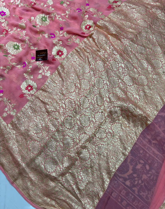 Baby Pink Khaddi Georgette Banarasi Handloom Saree - Meenakari