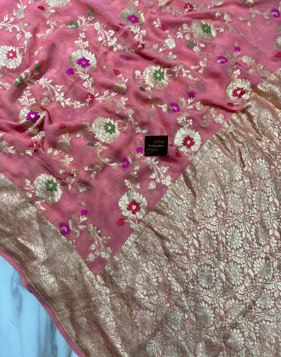 Baby Pink Khaddi Georgette Banarasi Handloom Saree - Meenakari