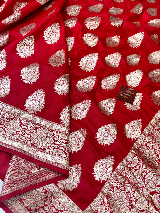 Red Pure Katan Banarasi Handloom Saree - With Sarowski and Zardozi Work