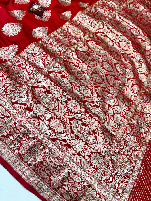 Red Pure Katan Banarasi Handloom Saree - With Sarowski and Zardozi Work
